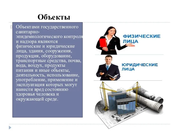 Объекты Объектами государственного санитарно-эпидемиологического контроля и надзора являются физические и