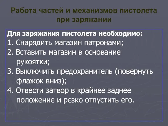 Работа частей и механизмов пистолета при заряжании Для заряжания пистолета