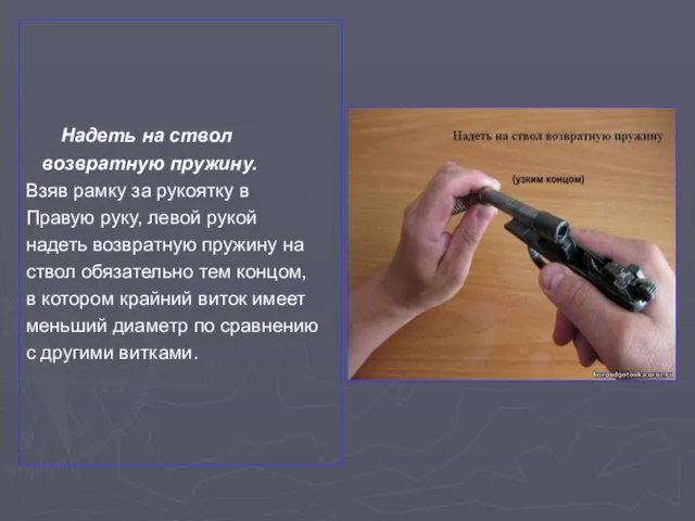 Надеть на ствол возвратную пружину. Взяв рамку за рукоятку в