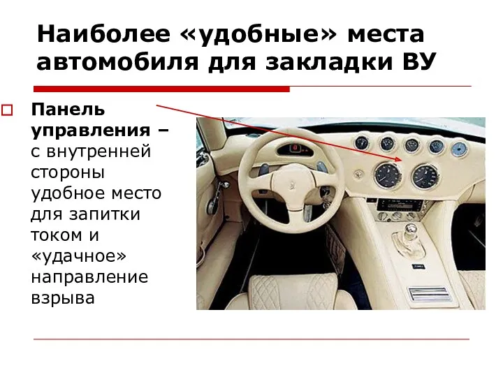 Наиболее «удобные» места автомобиля для закладки ВУ Панель управления –с