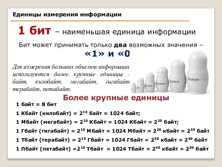 1 байт = 8 бит 1 Кбайт (килобайт) = 210