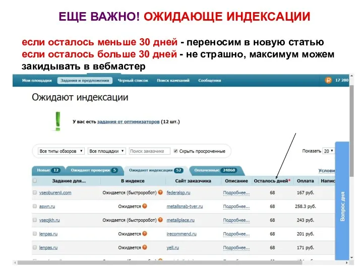 ЕЩЕ ВАЖНО! ОЖИДАЮЩЕ ИНДЕКСАЦИИ если осталось меньше 30 дней -