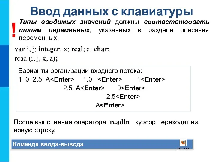 Ввод данных с клавиатуры Команда ввода-вывода var i, j: integer;