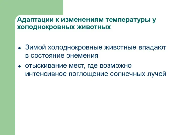 Адаптации к изменениям температуры у холоднокровных животных Зимой холоднокровные животные