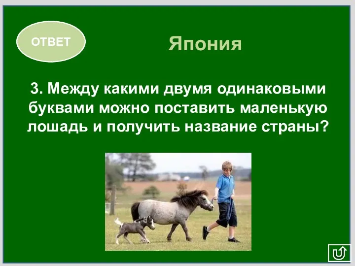 ОТВЕТ Япония 3. Между какими двумя одинаковыми буквами можно поставить маленькую лошадь и получить название страны?