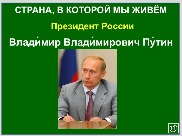 Президент России СТРАНА, В КОТОРОЙ МЫ ЖИВЁМ Влади́мир Влади́мирович Пу́тин