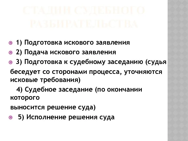 1) Подготовка искового заявления 2) Подача искового заявления 3) Подготовка