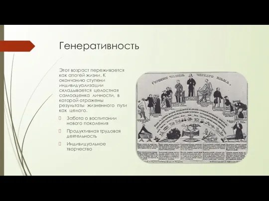 Генеративность Этот возраст переживается как апогей жизни. К окончанию ступени