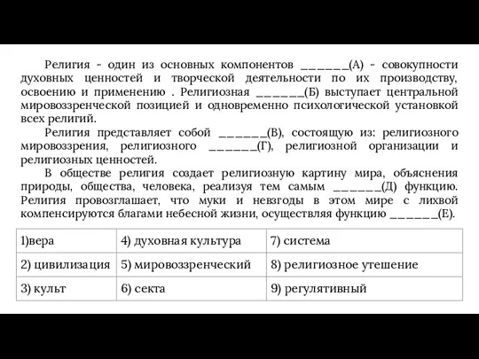 Религия - один из основных компонентов ______(А) - совокупности духовных