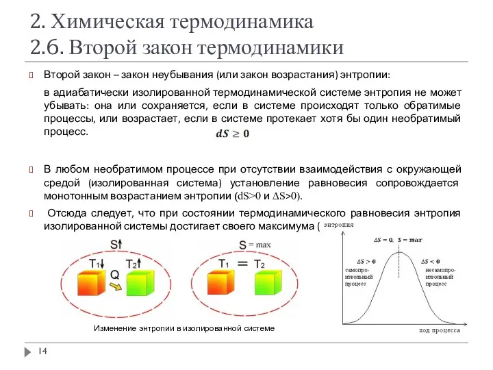 2. Химическая термодинамика 2.6. Второй закон термодинамики Второй закон –