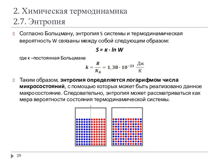 2. Химическая термодинамика 2.7. Энтропия Согласно Больцману, энтропия S системы