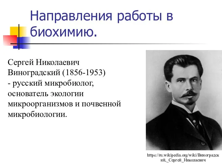 Направления работы в биохимию. Сергей Николаевич Виноградский (1856-1953) - русский