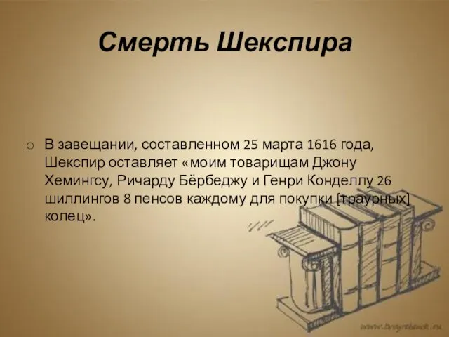 Смерть Шекспира В завещании, составленном 25 марта 1616 года, Шекспир