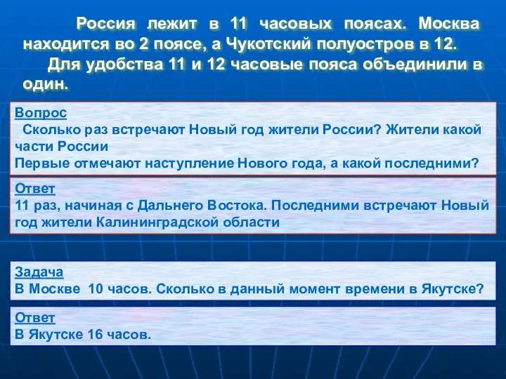 Россия лежит в 11 часовых поясах. Москва находится во 2