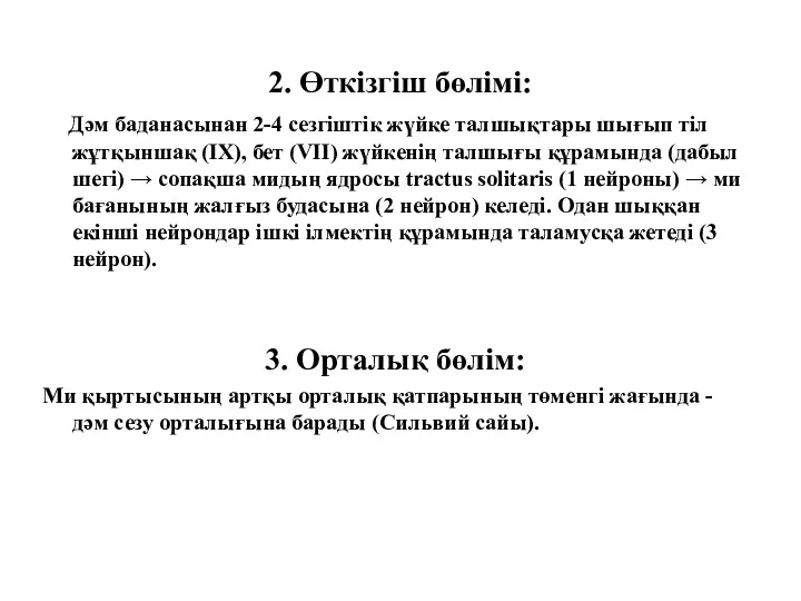 2. Өткізгіш бөлімі: Дәм баданасынан 2-4 сезгіштік жүйке талшықтары шығып