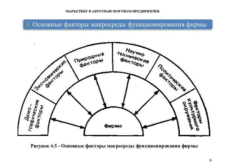 МАРКЕТИНГ В АВТОТРАНСПОРТНОМ ПРЕДПРИЯТИИ Рисунок 4.5 - Основные факторы макросреды функционирования фирмы