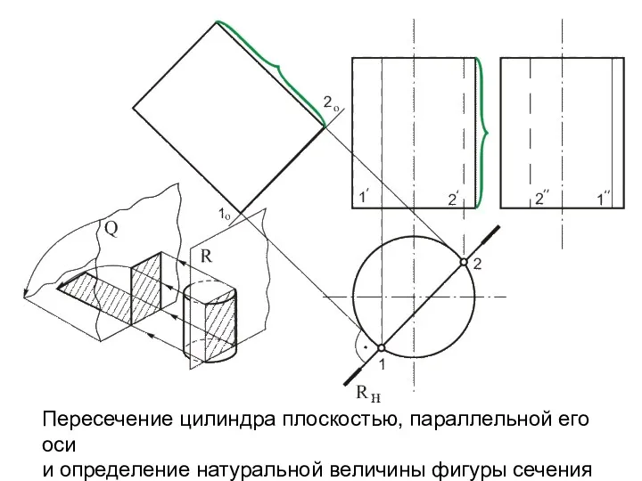 Пересечение цилиндра плоскостью, параллельной его оси и определение натуральной величины фигуры сечения