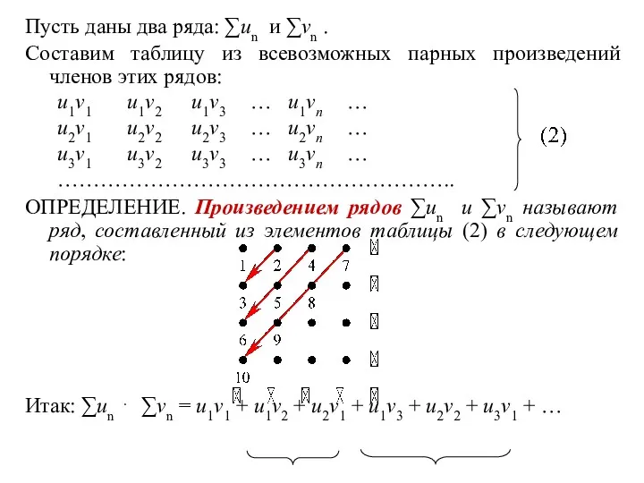 Пусть даны два ряда: ∑un и ∑vn . Составим таблицу