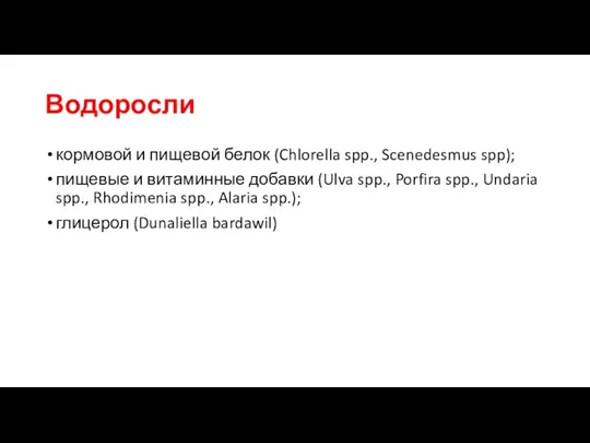 Водоросли кормовой и пищевой белок (Chlorella spp., Scenedesmus spp); пищевые