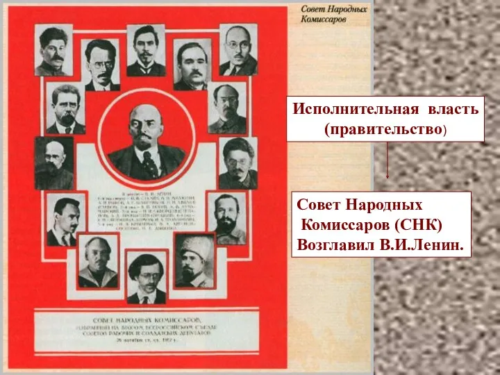 Совет Народных Комиссаров (СНК) Возглавил В.И.Ленин. Исполнительная власть (правительство)