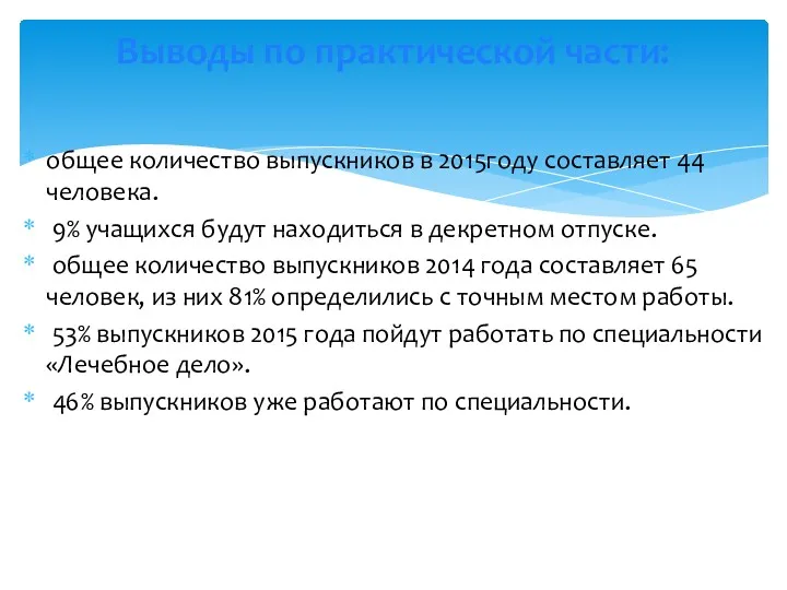 общее количество выпускников в 2015году составляет 44 человека. 9% учащихся