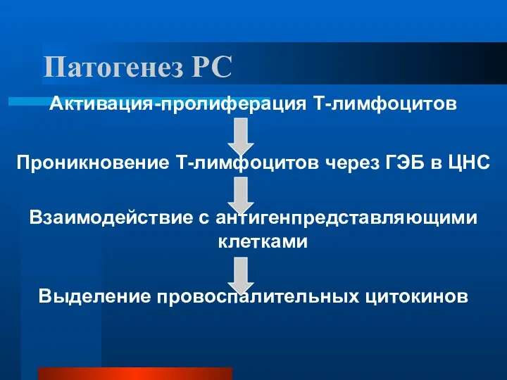 Патогенез РС Активация-пролиферация Т-лимфоцитов Проникновение Т-лимфоцитов через ГЭБ в ЦНС