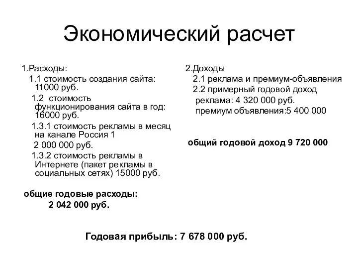 Экономический расчет 1.Расходы: 1.1 стоимость создания сайта: 11000 руб. 1.2