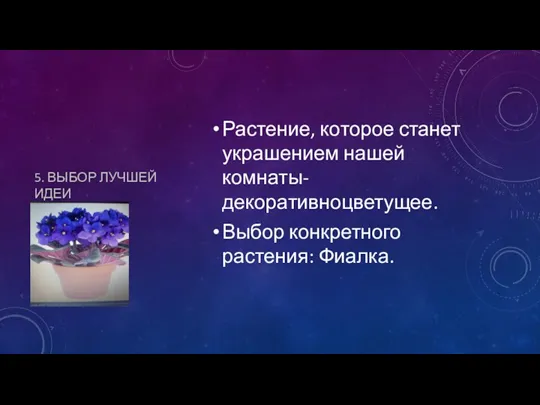 5. ВЫБОР ЛУЧШЕЙ ИДЕИ Растение, которое станет украшением нашей комнаты- декоративноцветущее. Выбор конкретного растения: Фиалка.