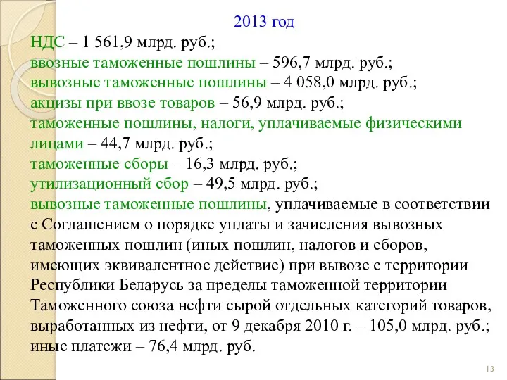 2013 год НДС – 1 561,9 млрд. руб.; ввозные таможенные