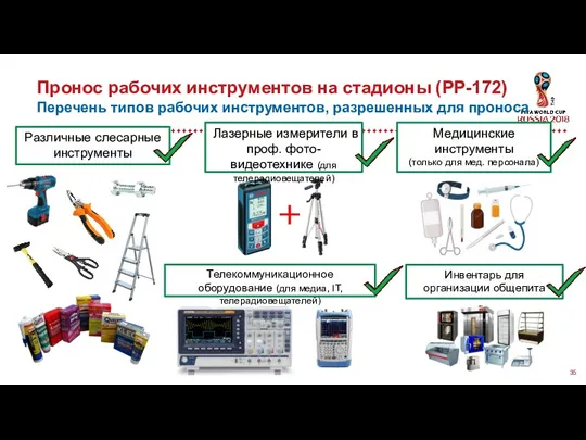 Пронос рабочих инструментов на стадионы (PP-172) Перечень типов рабочих инструментов,