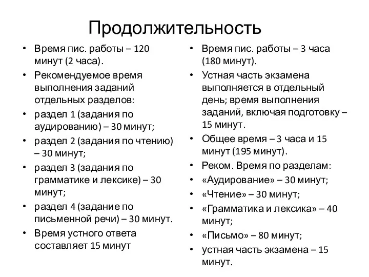 Продолжительность Время пис. работы – 120 минут (2 часа). Рекомендуемое