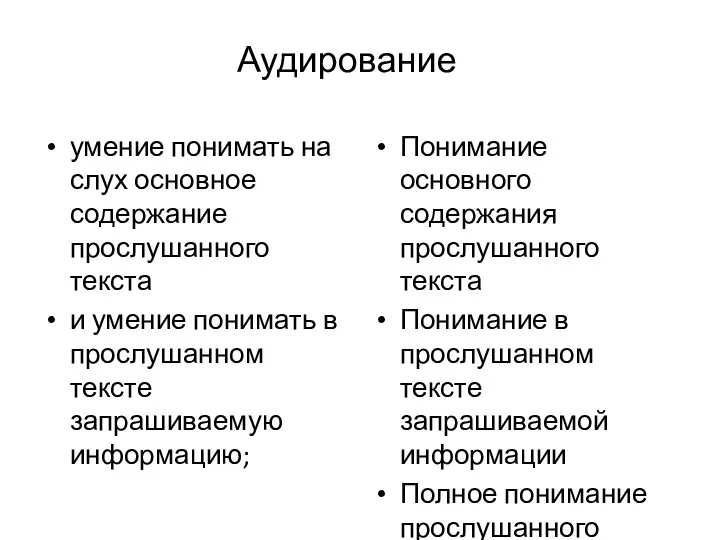 Аудирование умение понимать на слух основное содержание прослушанного текста и