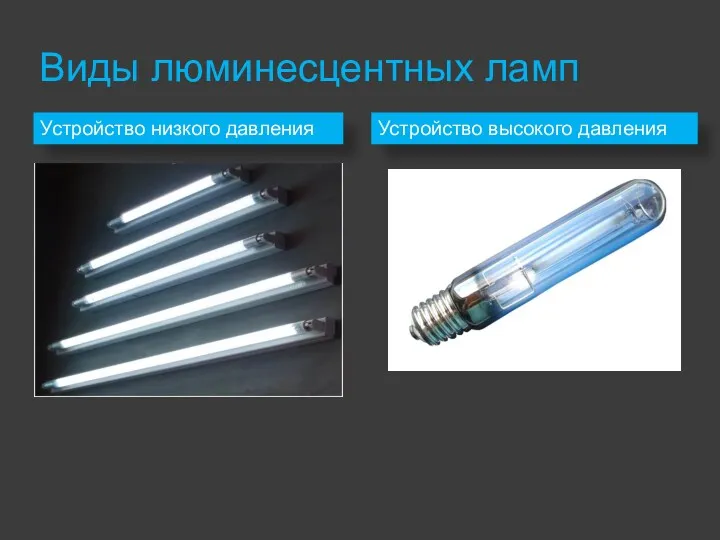 Виды люминесцентных ламп Устройство низкого давления Устройство низкого давления Устройство высокого давления