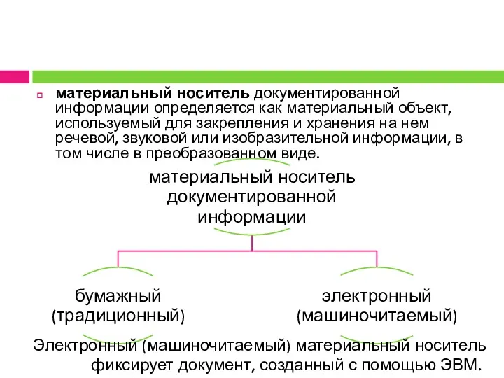 материальный носитель документированной информации определяется как материальный объект, используемый для