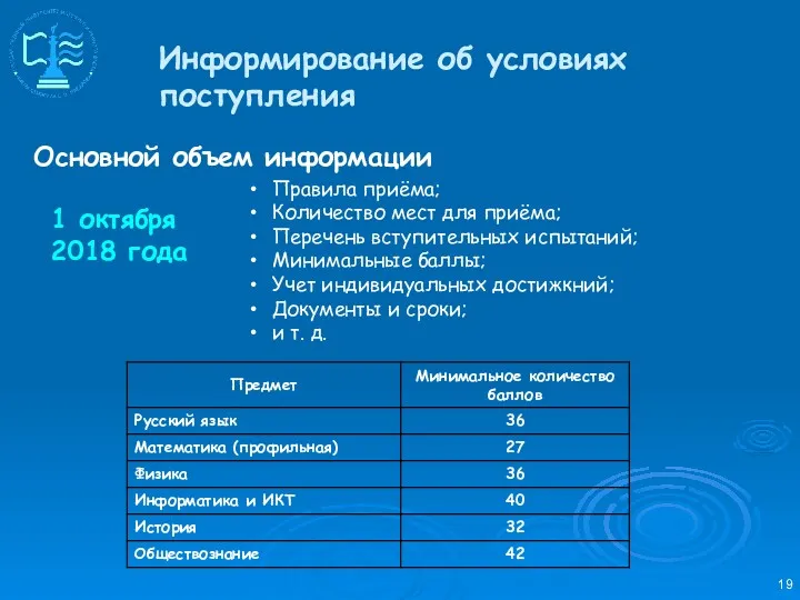 Основной объем информации Информирование об условиях поступления 1 октября 2018