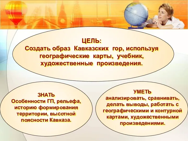 ЦЕЛЬ: Создать образ Кавказских гор, используя географические карты, учебник, художественные