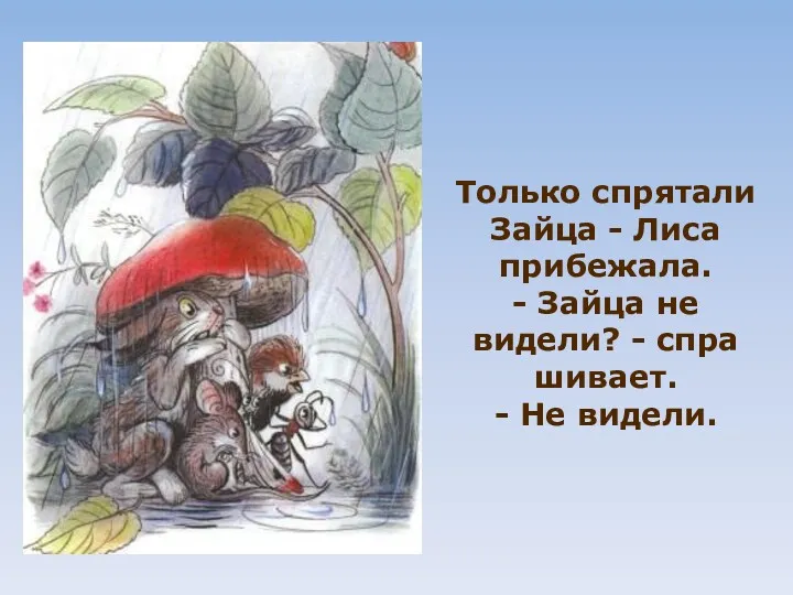 Только спрятали Зайца - Лиса прибежала. - Зайца не видели? - спра­шивает. - Не видели.