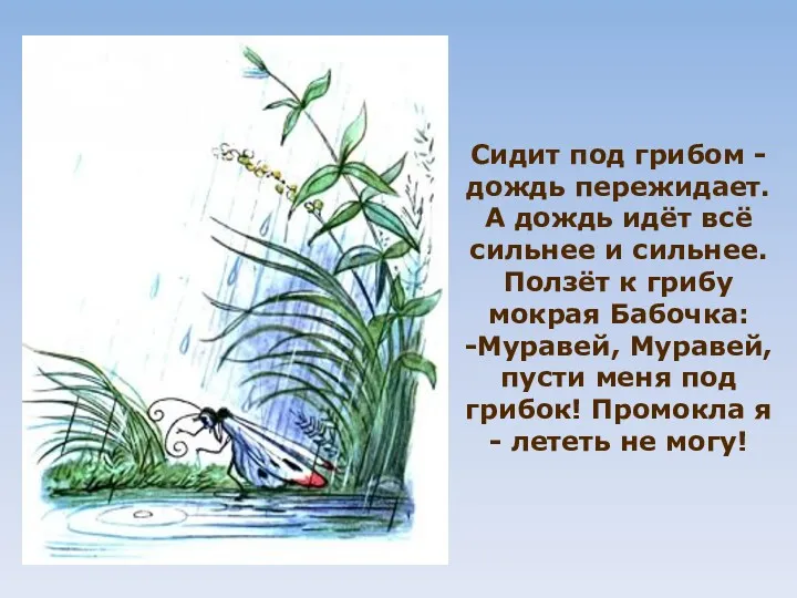 Сидит под грибом - дождь пережидает. А дождь идёт всё