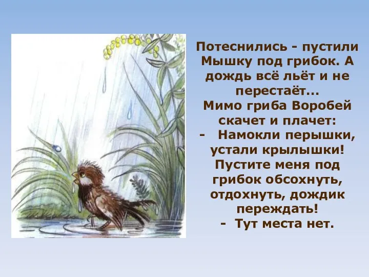 Потеснились - пустили Мыш­ку под грибок. А дождь всё льёт и не переста­ёт...