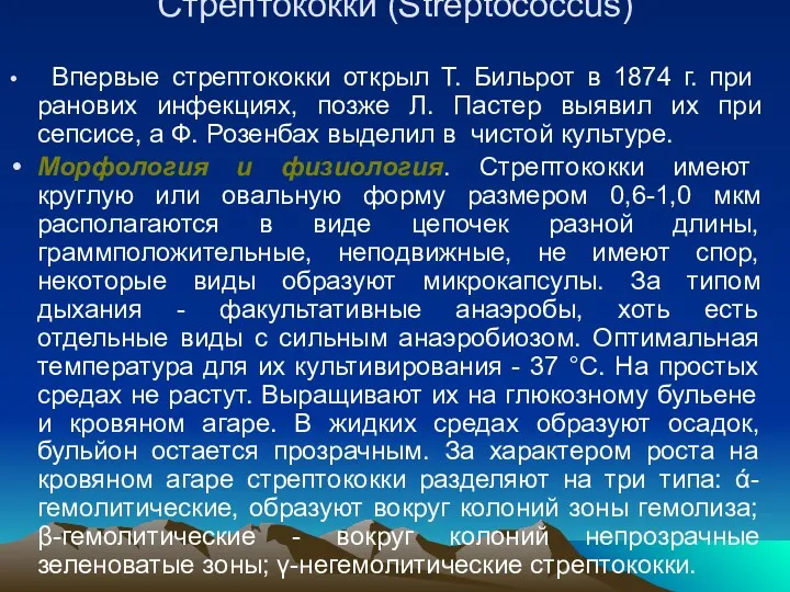 Стрептококки (Streptococcus) Впервые стрептококки открыл Т. Бильрот в 1874 г. при ранових инфекциях,