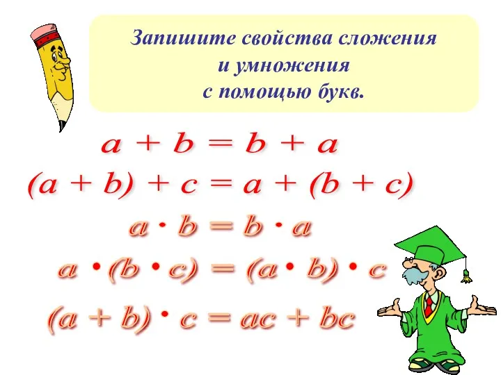 Запишите свойства сложения и умножения с помощью букв. a +