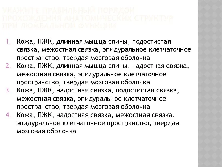 Кожа, ПЖК, длинная мышца спины, подостистая связка, межостная связка, эпидуральное