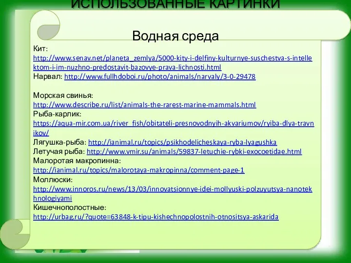 ИСПОЛЬЗОВАННЫЕ КАРТИНКИ Водная среда Кит: http://www.senav.net/planeta_zemlya/5000-kity-i-delfiny-kulturnye-suschestva-s-intellektom-i-im-nuzhno-predostavit-bazovye-prava-lichnosti.html Нарвал: http://www.fullhdoboi.ru/photo/animals/narvaly/3-0-29478 Морская свинья: