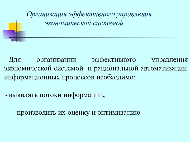 Организация эффективного управления экономической системой Для организации эффективного управления экономической