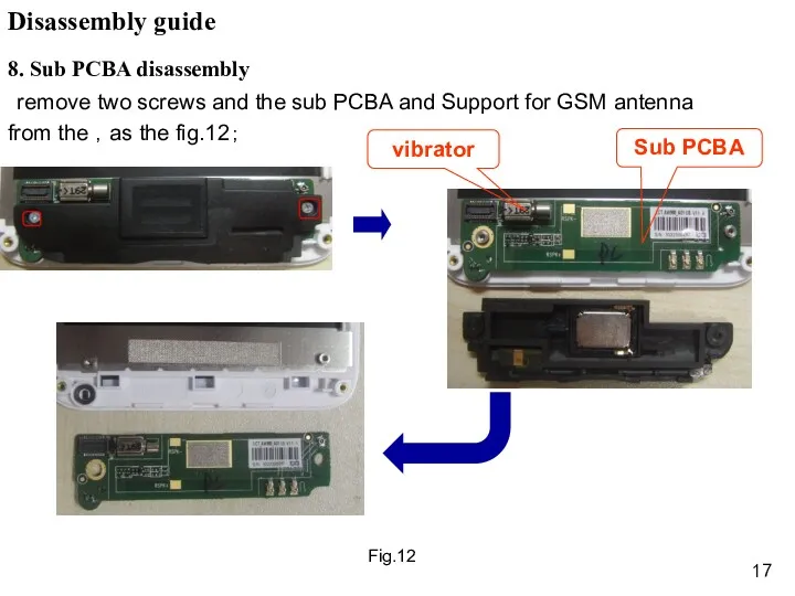 Fig.12 8. Sub PCBA disassembly remove two screws and the