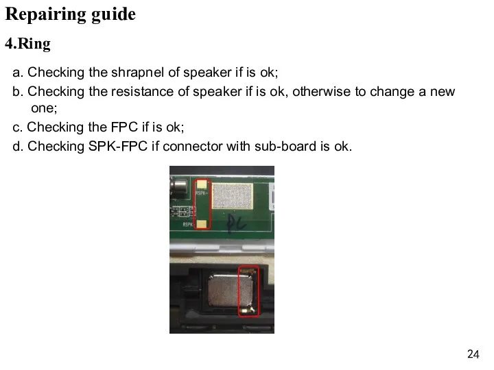 4.Ring a. Checking the shrapnel of speaker if is ok;