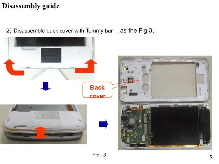 Fig. 3 2） Disassemble back cover with Tommy bar ，as the Fig.3； Disassembly guide Back cover