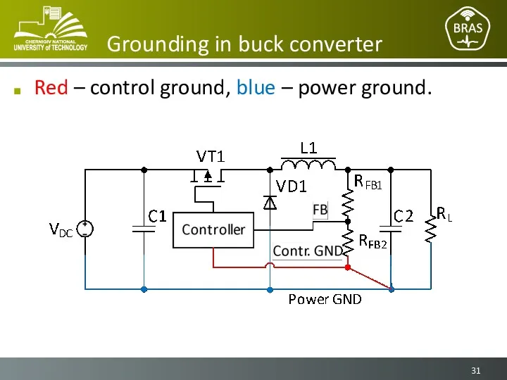 Grounding in buck converter Red – control ground, blue – power ground.