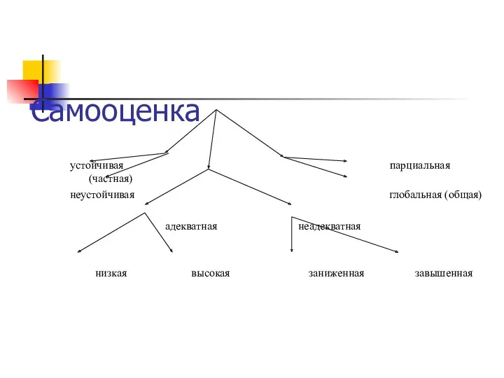 Самооценка устойчивая парциальная (частная) неустойчивая глобальная (общая) адекватная неадекватная низкая высокая заниженная завышенная