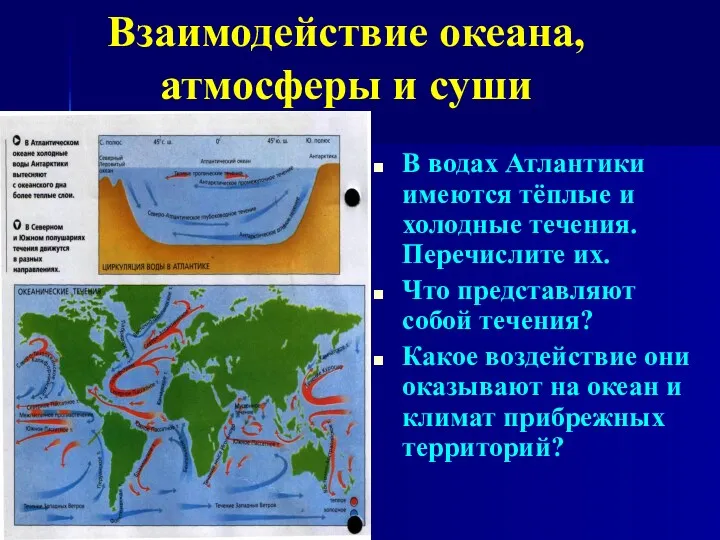 Взаимодействие океана, атмосферы и суши В водах Атлантики имеются тёплые